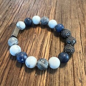 Aurum Brother Men's Beaded Stretch Bracelet in Blue n White w/ Silver Accents